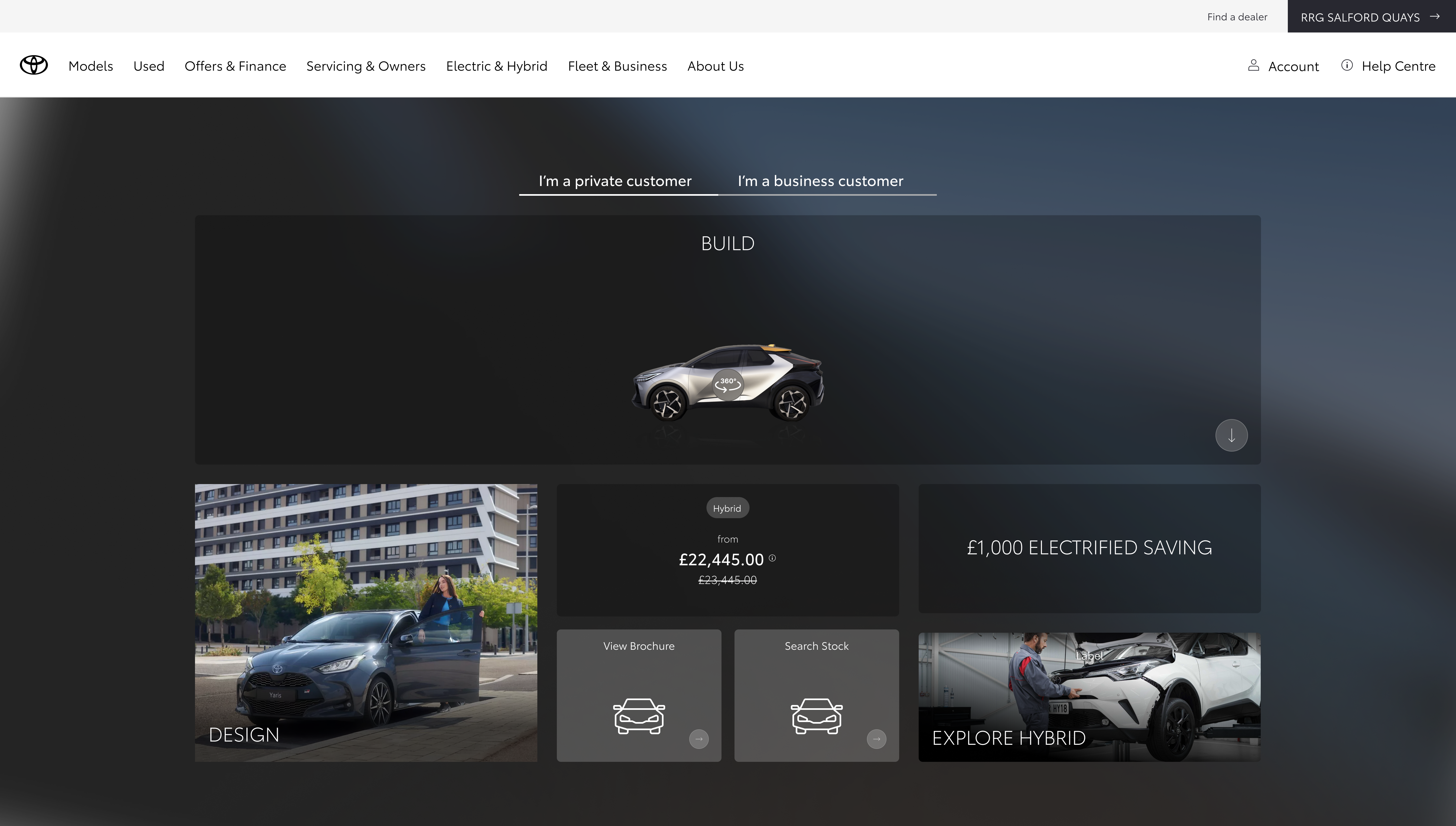 Toyota model page mock: toggle placement within the sales and offers tile area